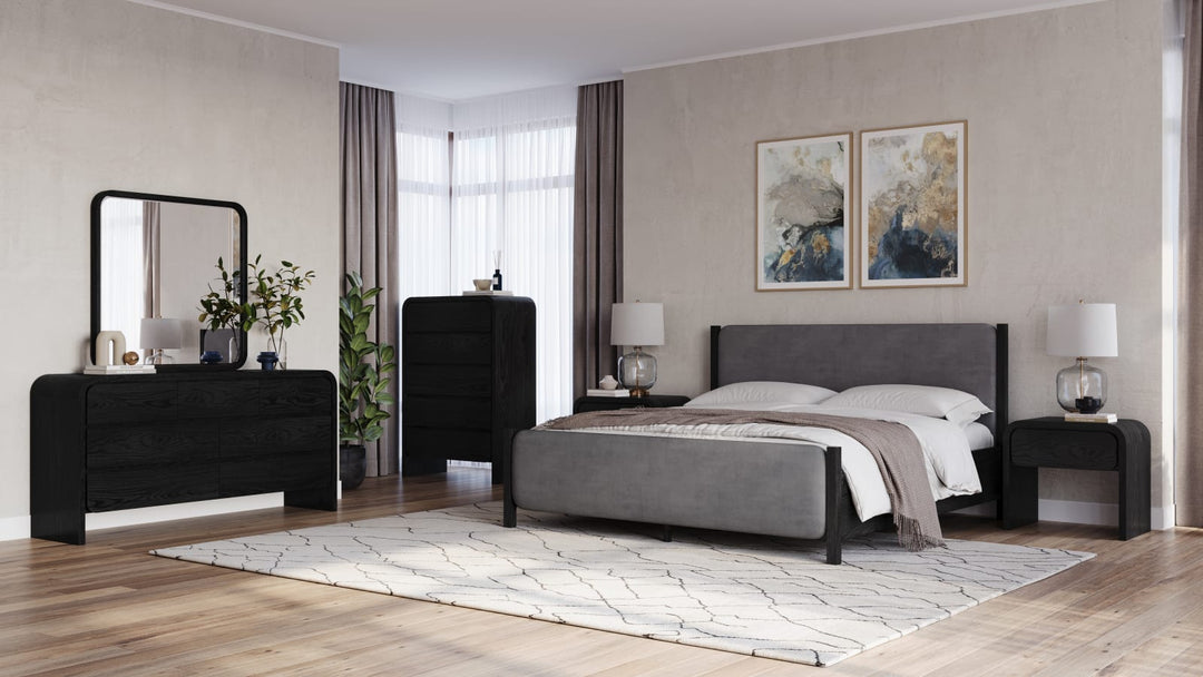 Elora Queen-size Wood and Velvet Upholstered Bed in Jet and Charcoal – view 6
