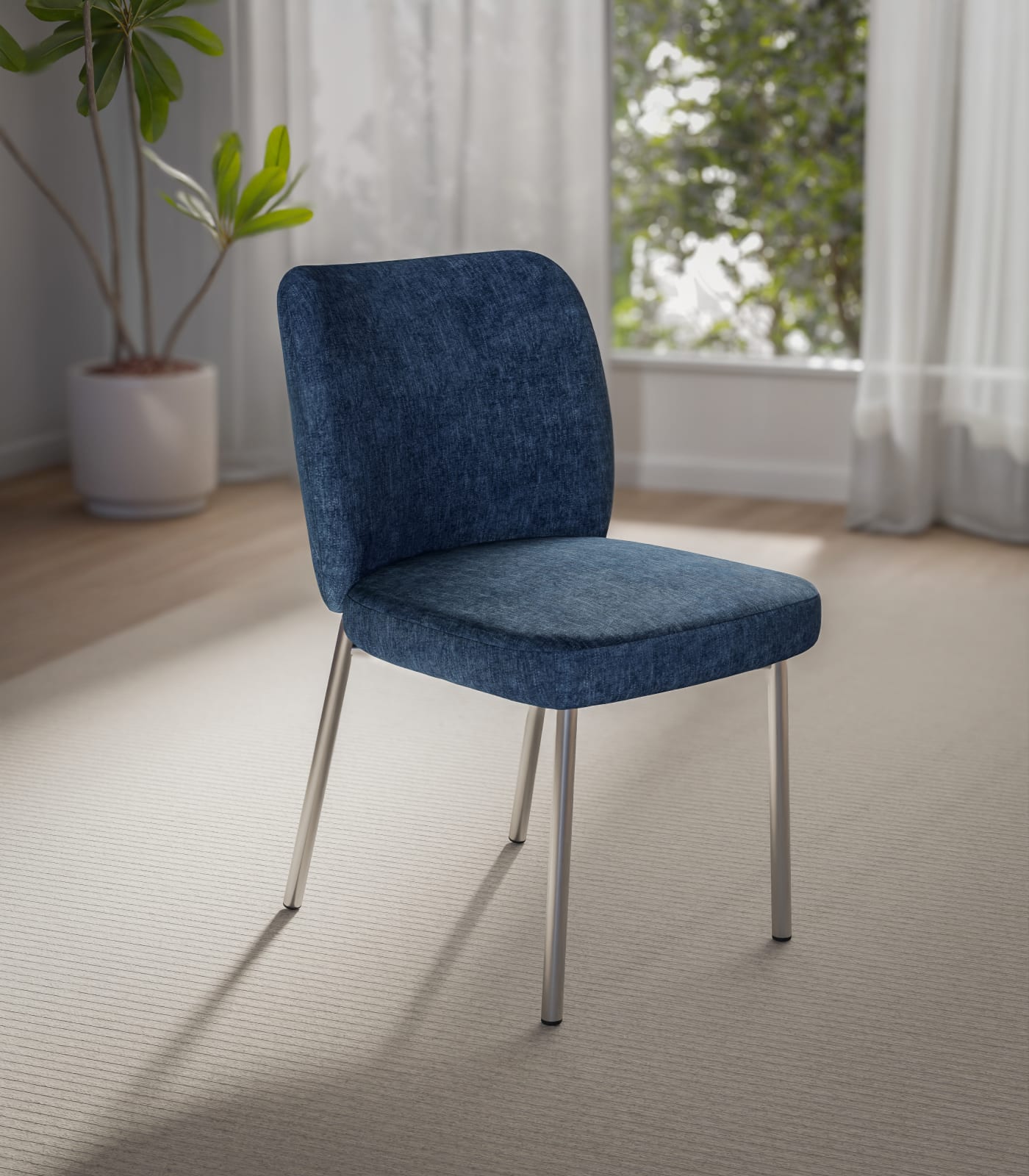 Fomo Chenille-upholstered Stainless Steel Base Dining Chair in Azure