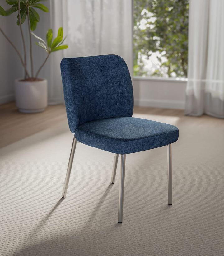Fomo Chenille-upholstered Stainless Steel Base Dining Chair in Azure
