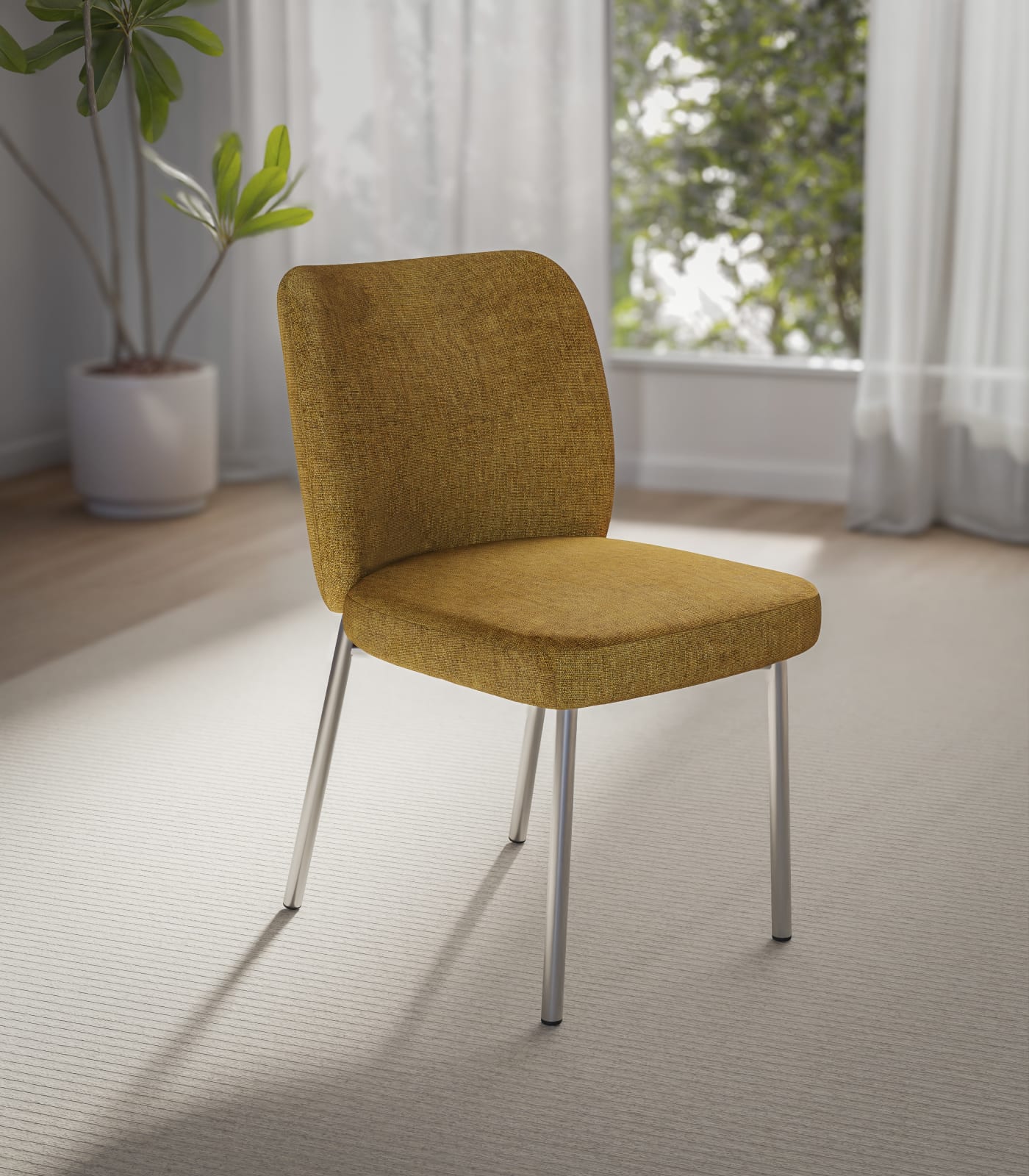 Fomo Chenille-upholstered Stainless Steel Base Dining Chair in Pineapple