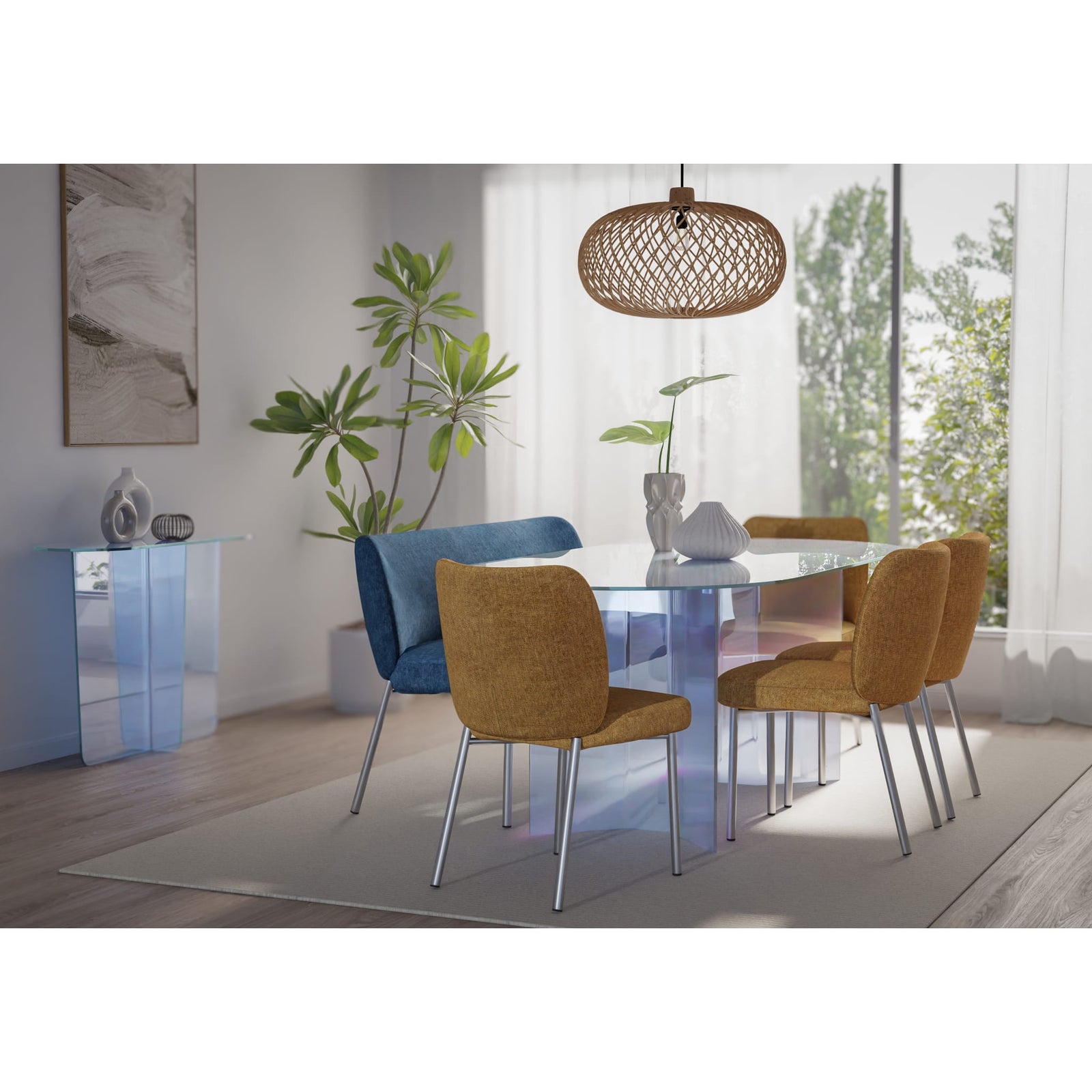 Fomo Chenille-upholstered Stainless Steel Base Dining Chair in Pineapple