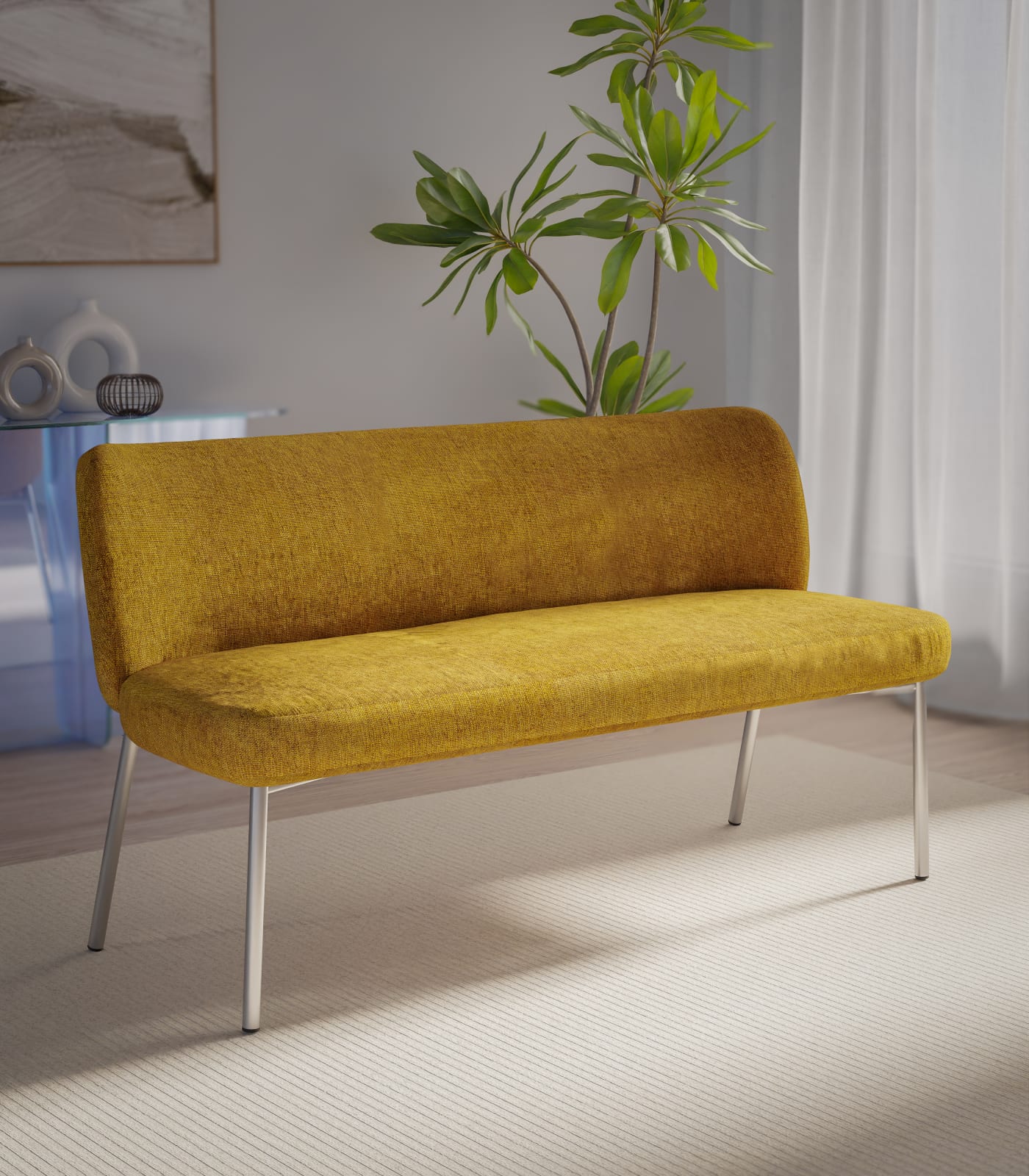 Fomo Chenille-upholstered Stainless Steel Base Settee in Pineapple