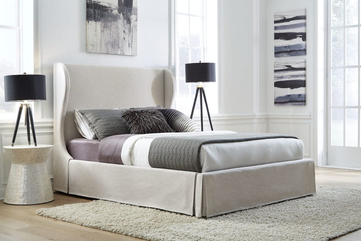 Hera Queen-Size Upholstered Skirted Storage Panel Bed in Oatmeal – view 2