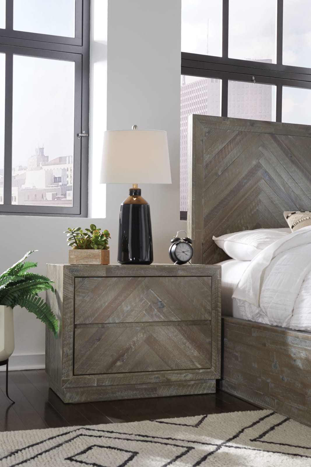 Herringbone Solid Wood Two Drawer Nightstand in Rustic Latte