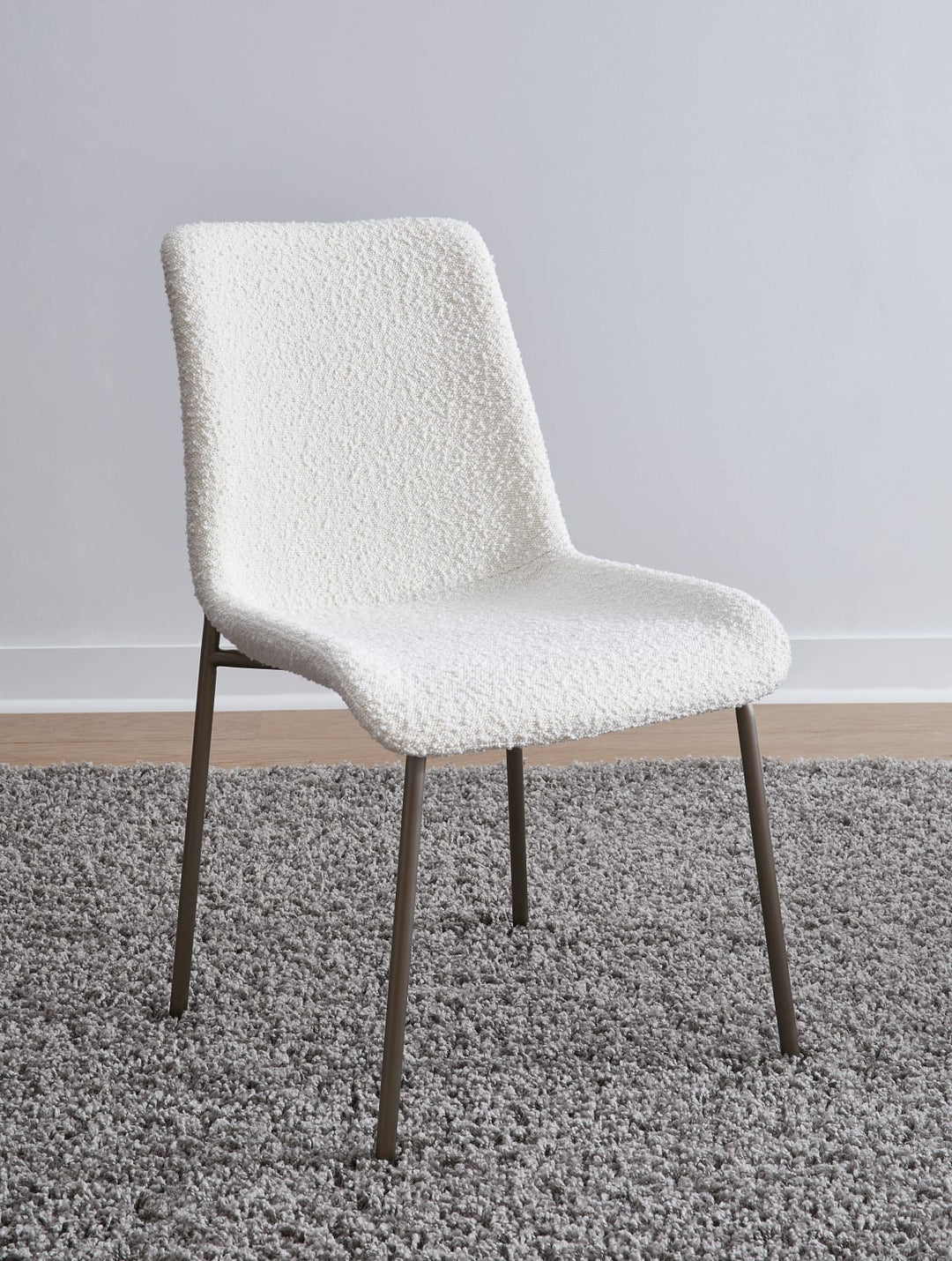Jade Upholstered Dining Chair in Cottage Cheese Boucle and Brushed Nickel Metal