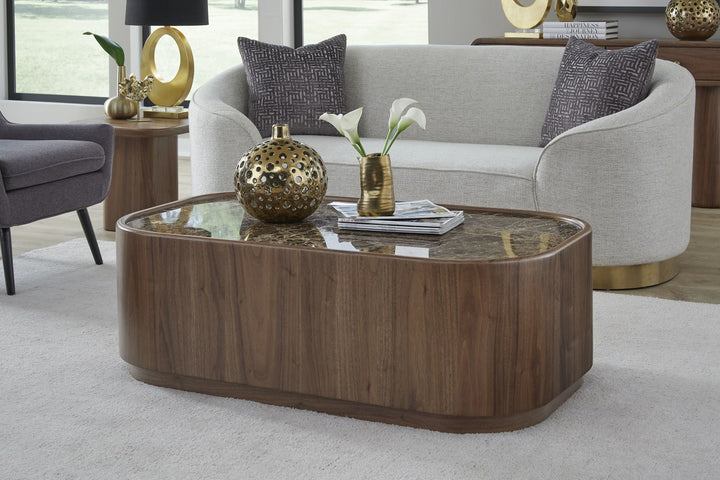 Juba Natural Marble and Walnut Coffee Table with Casters in Mongoose