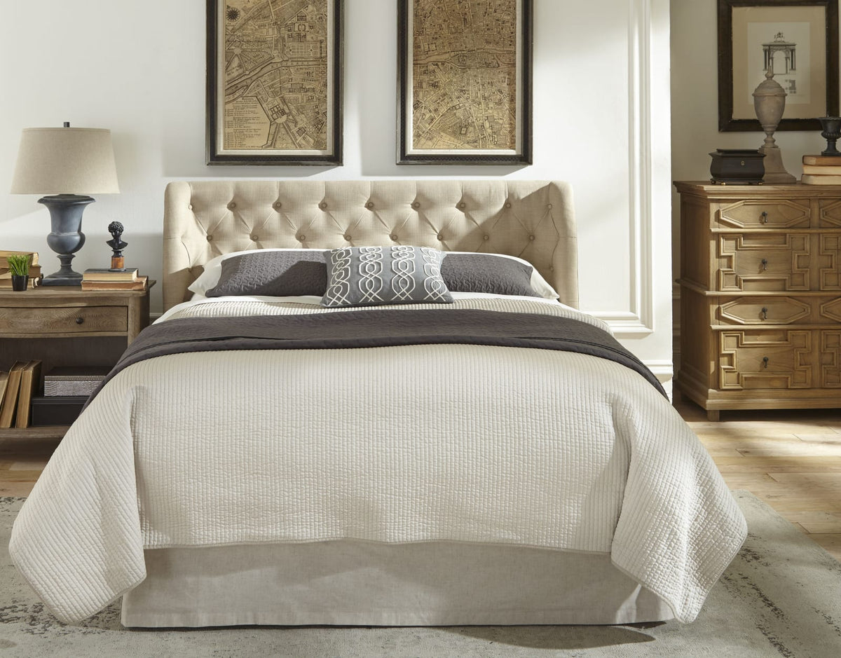 Levi Queen-size Wingback Upholstered Headboard in Toast Linen view 2
