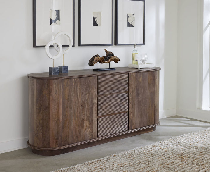Liyana Solid Wood Three Drawer Two Door Sideboard in Natural Tan