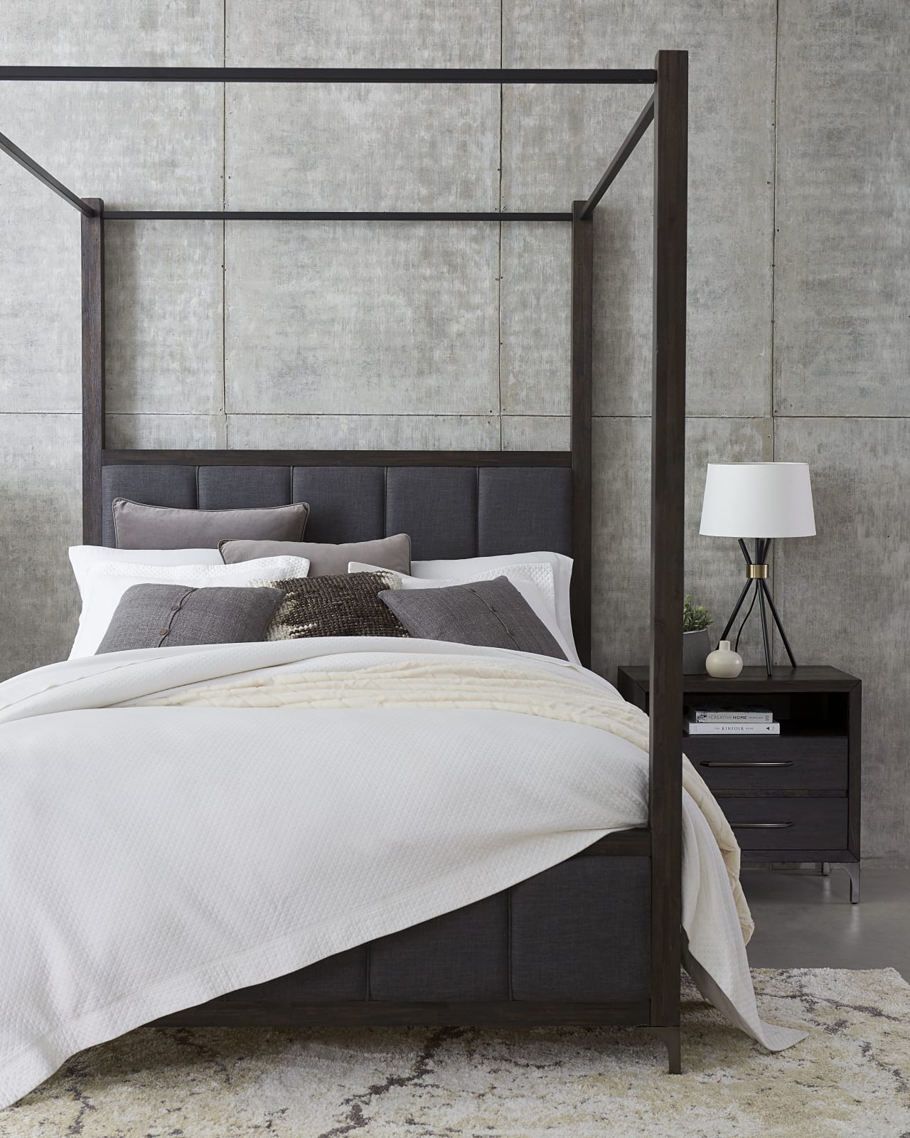 Lucerne Queen-Size Upholstered Canopy Bed in Vintage Coffee – view 2
