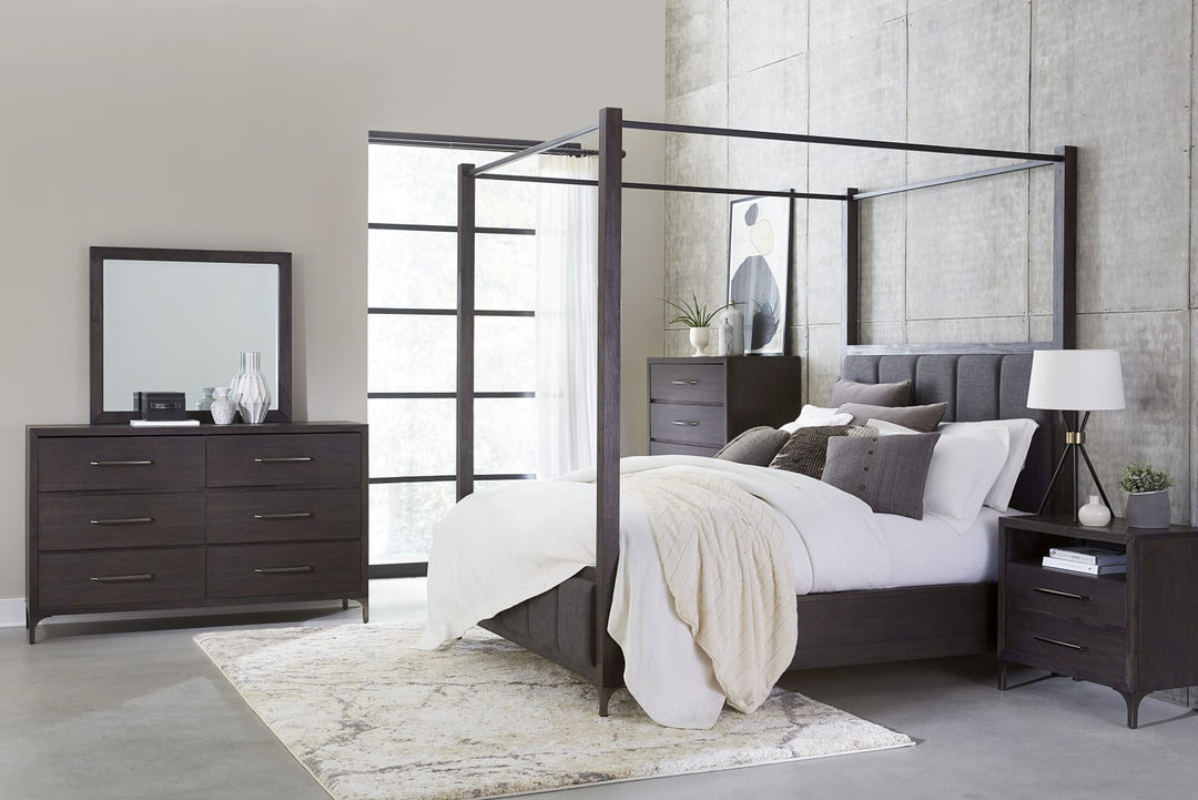 Lucerne Queen-Size Upholstered Canopy Bed in Vintage Coffee – view 3
