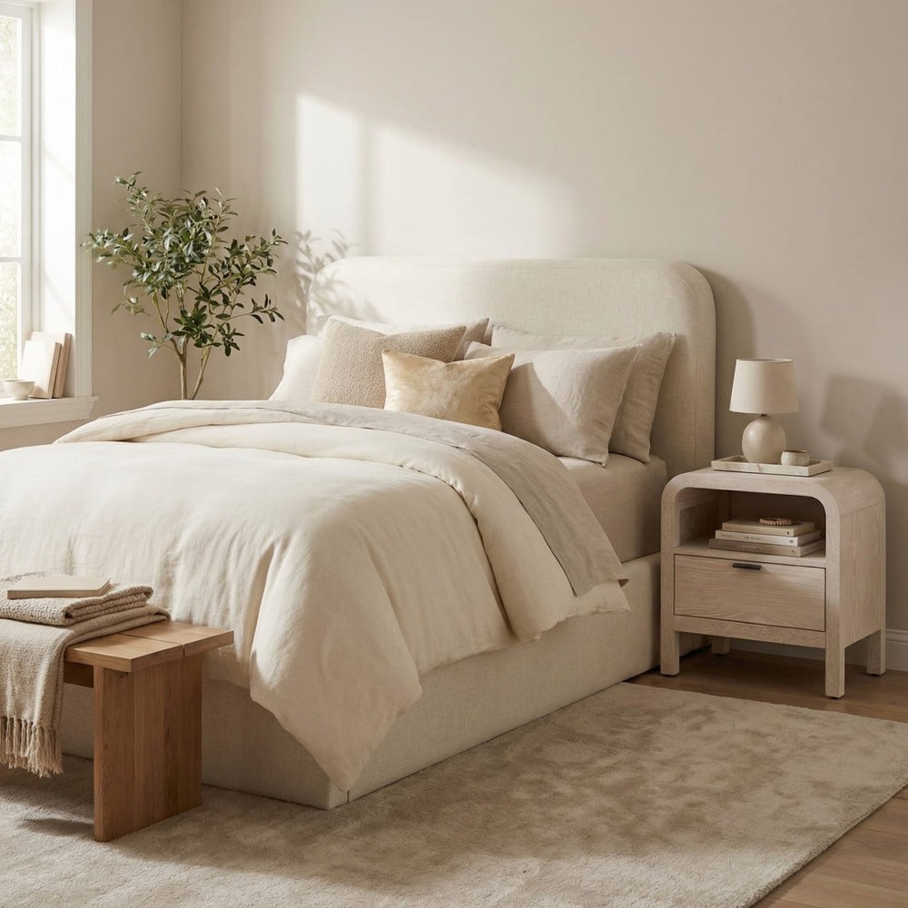 Off-White Upholstered Platform Bed in Whipped Honey Linen