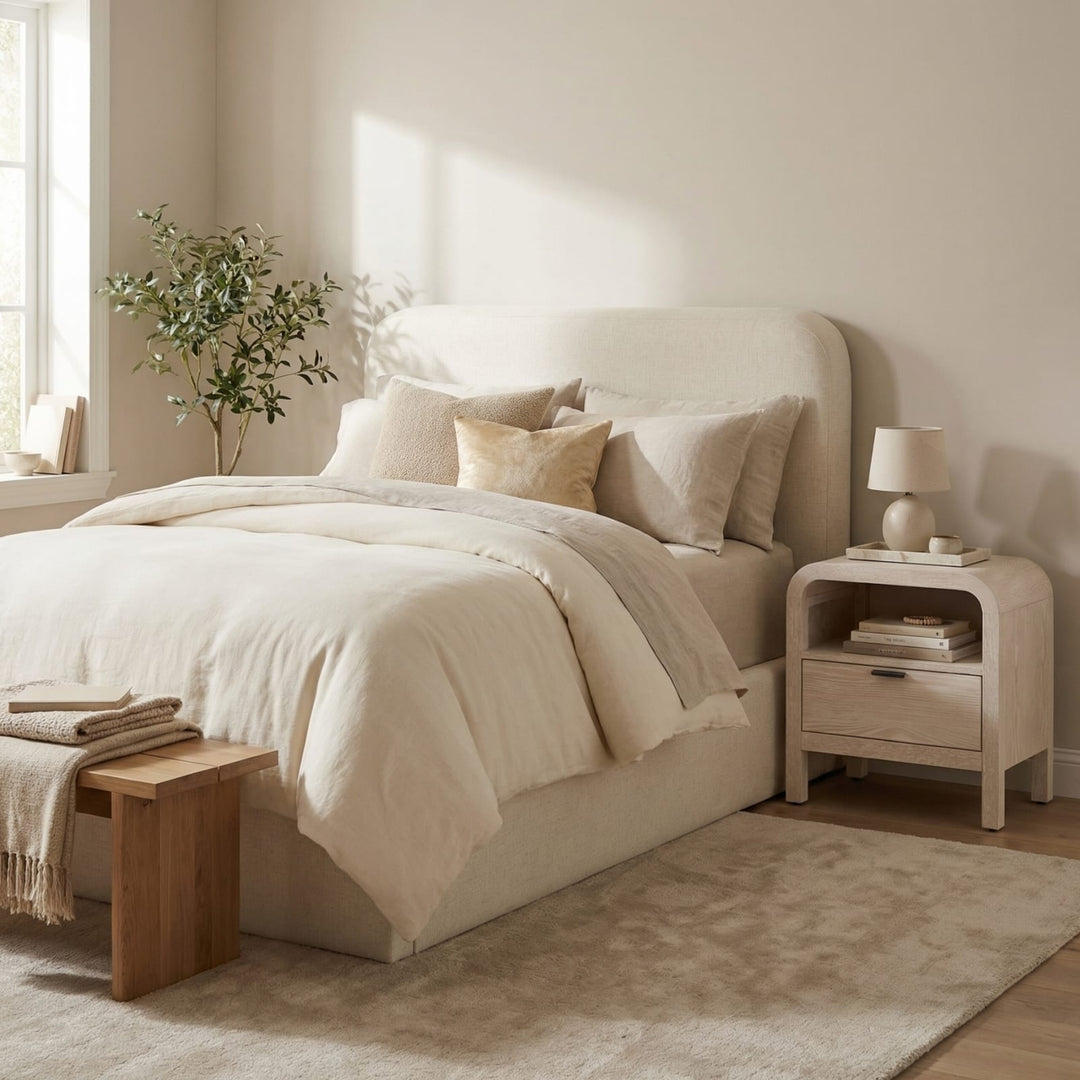 Off-White Upholstered Platform Bed in Whipped Honey Linen