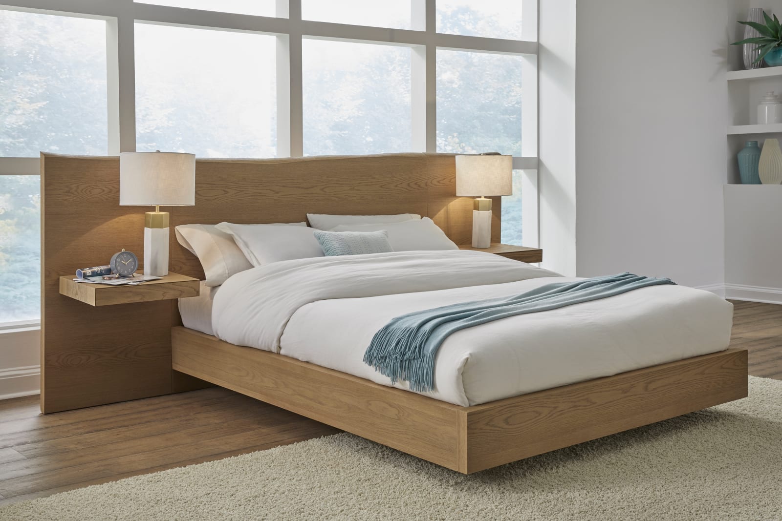One Coastal Modern Queen-size Live Edge Wall Bed with Floating Nightstands in Bisque