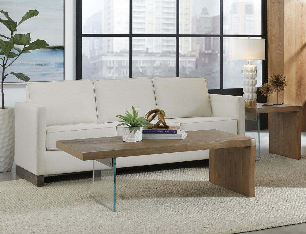 One Live-Edge White Oak and Glass Coffee Table in Bisque