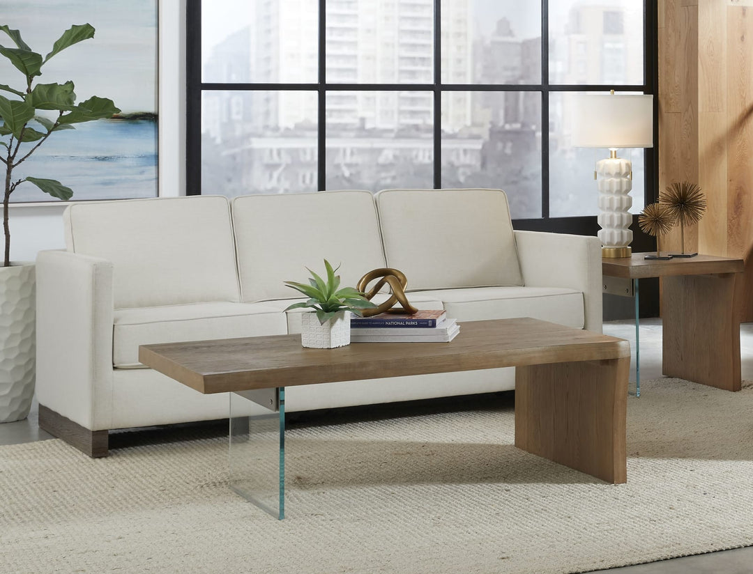 One Live-Edge White Oak and Glass Coffee Table in Bisque