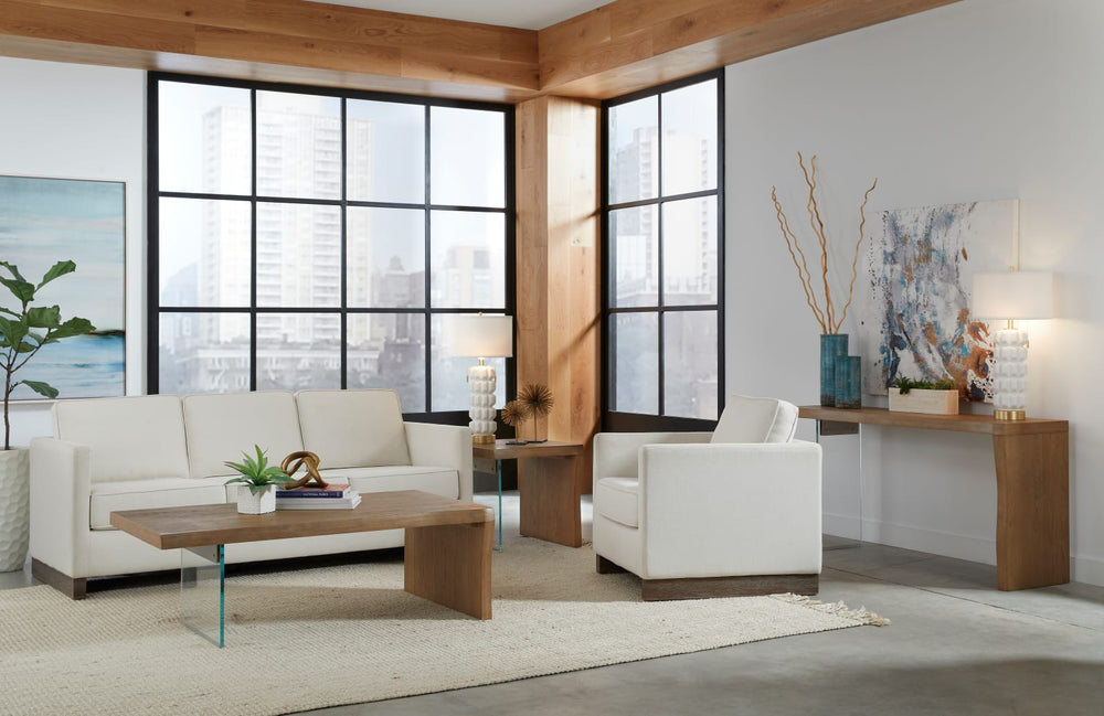 One Live-Edge White Oak and Glass Coffee Table in Bisque – view 6