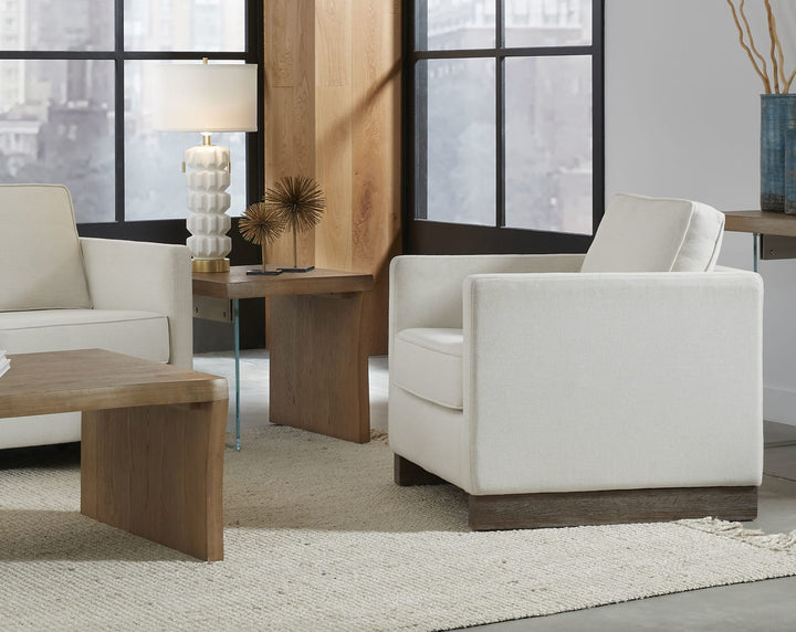 One Live-Edge White Oak and Glass End Table in Bisque