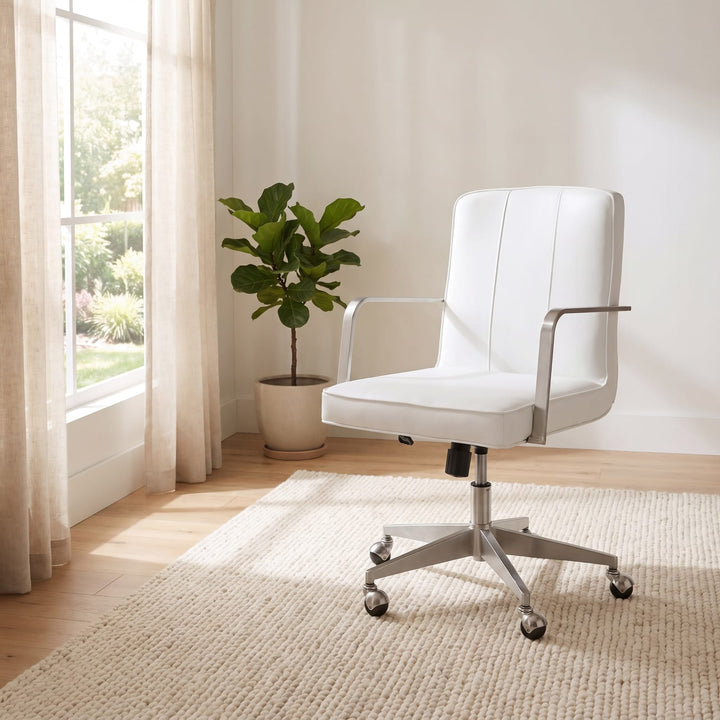 One Metal Frame Home Office Chair in Brushed Stainless Steel and White Leather