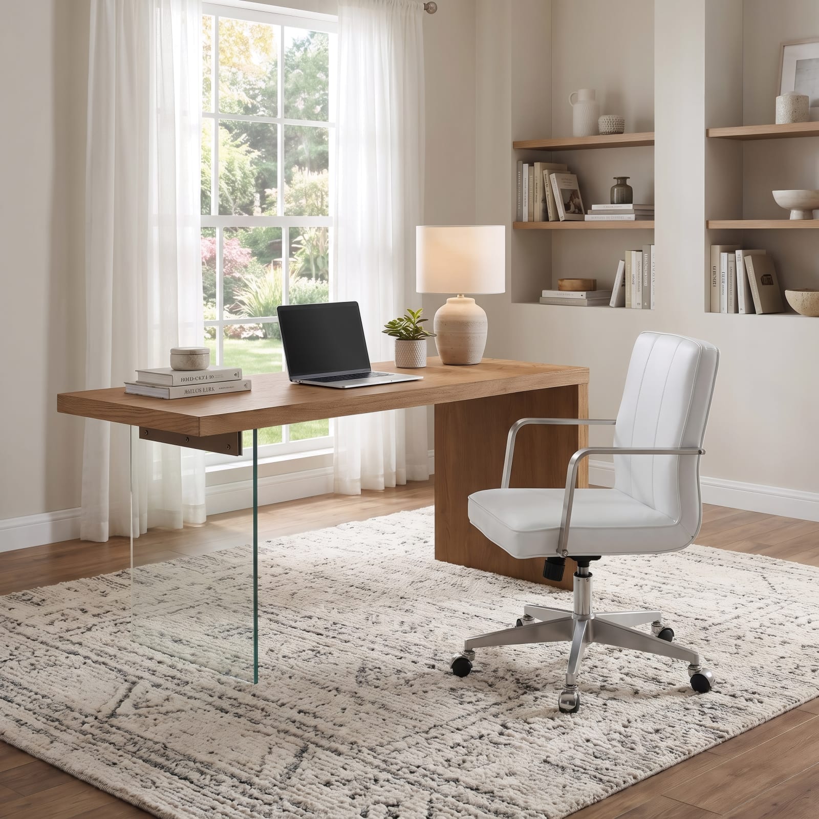One Metal Frame Home Office Chair in Brushed Stainless Steel and White Leather – view 2