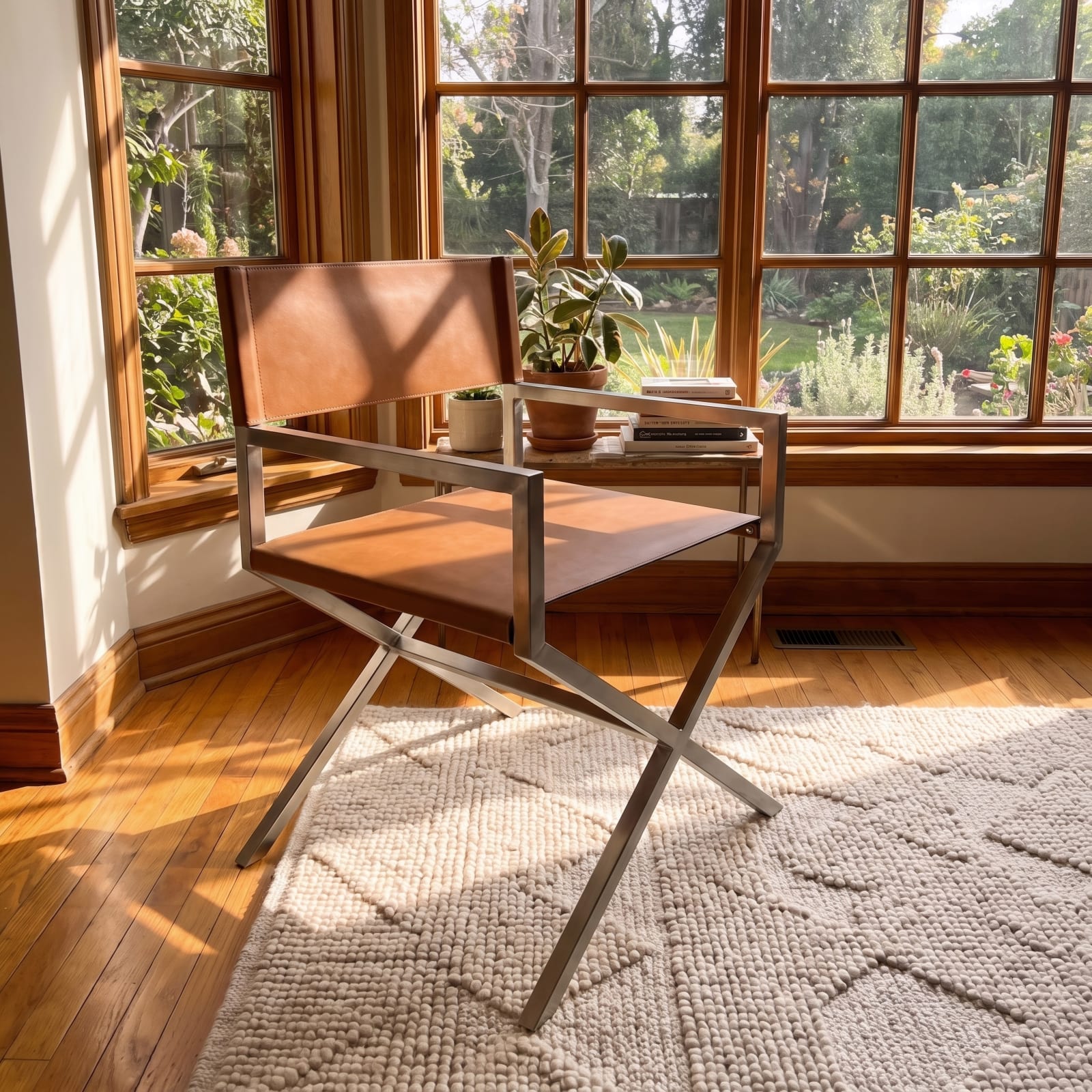 One Modern Coastal Director's Dining Arm Chair in Cognac and Brushed Stainless Steel