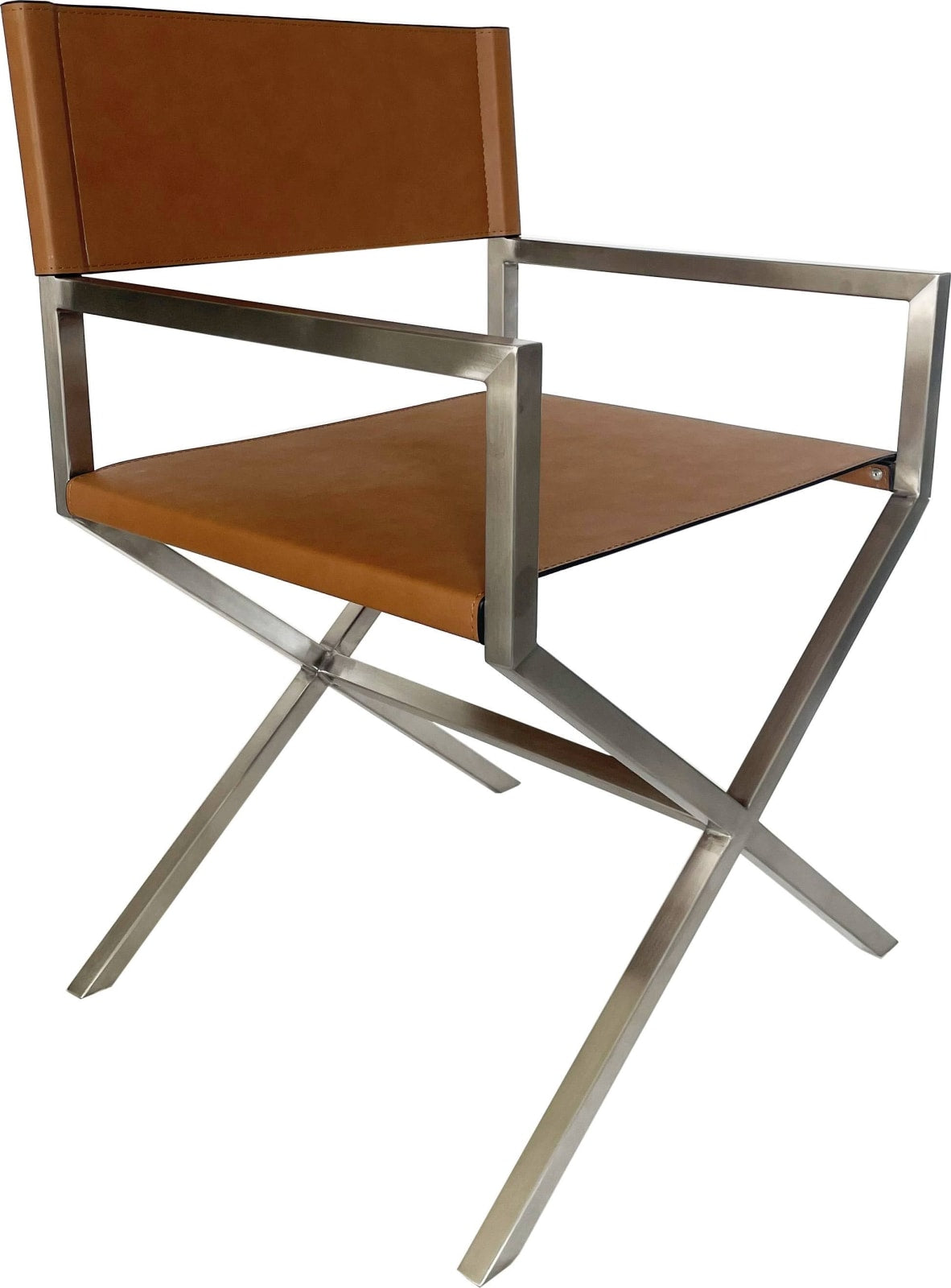 One Modern Coastal Director's Dining Arm Chair in Cognac and Brushed Stainless Steel – view 2