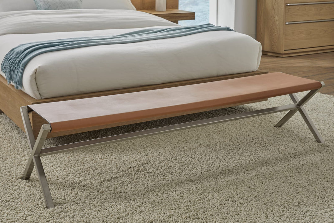 One Modern Coastal Director's Style Leather Dining Bench in Cognac and Brushed Stainless Steel