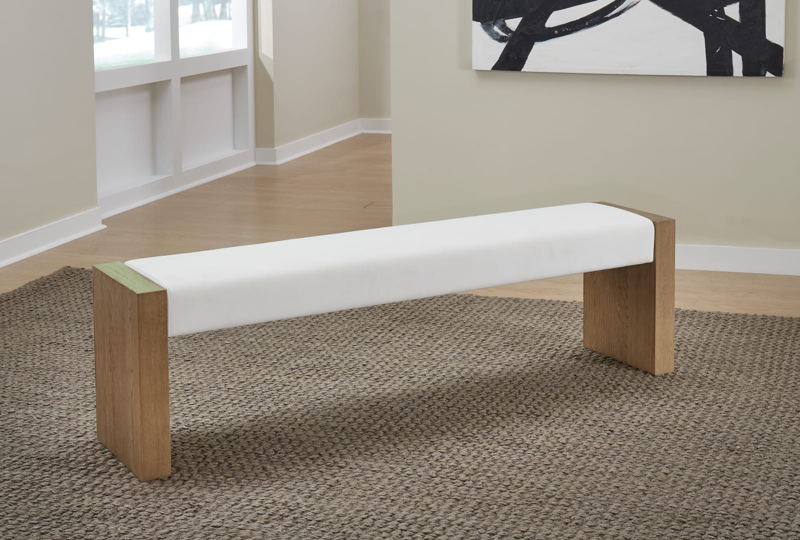 One Modern Coastal Slab Leg Upholstered Dining Bench in White Oak and White Pearl