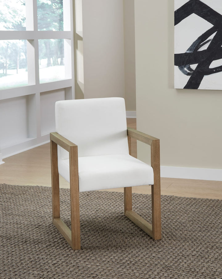 One Modern Coastal Sled Leg Upholstered Dining Arm Chair in White Pearl and Bisque