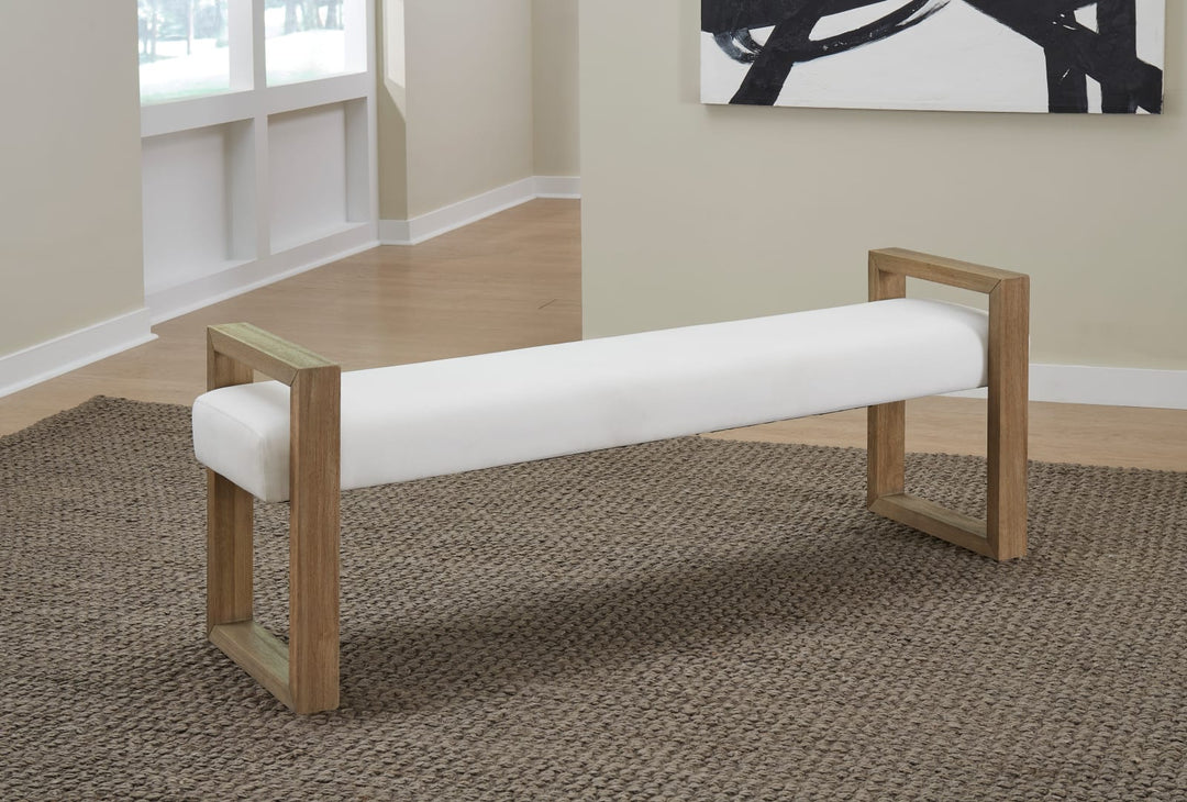 One Modern Coastal Sled Leg Upholstered Dining Bench in White Pearl and Bisque