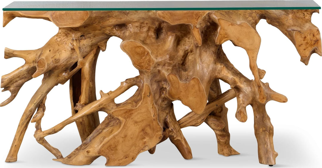 One Solid Teak Root Glass Top Console Table – view 4