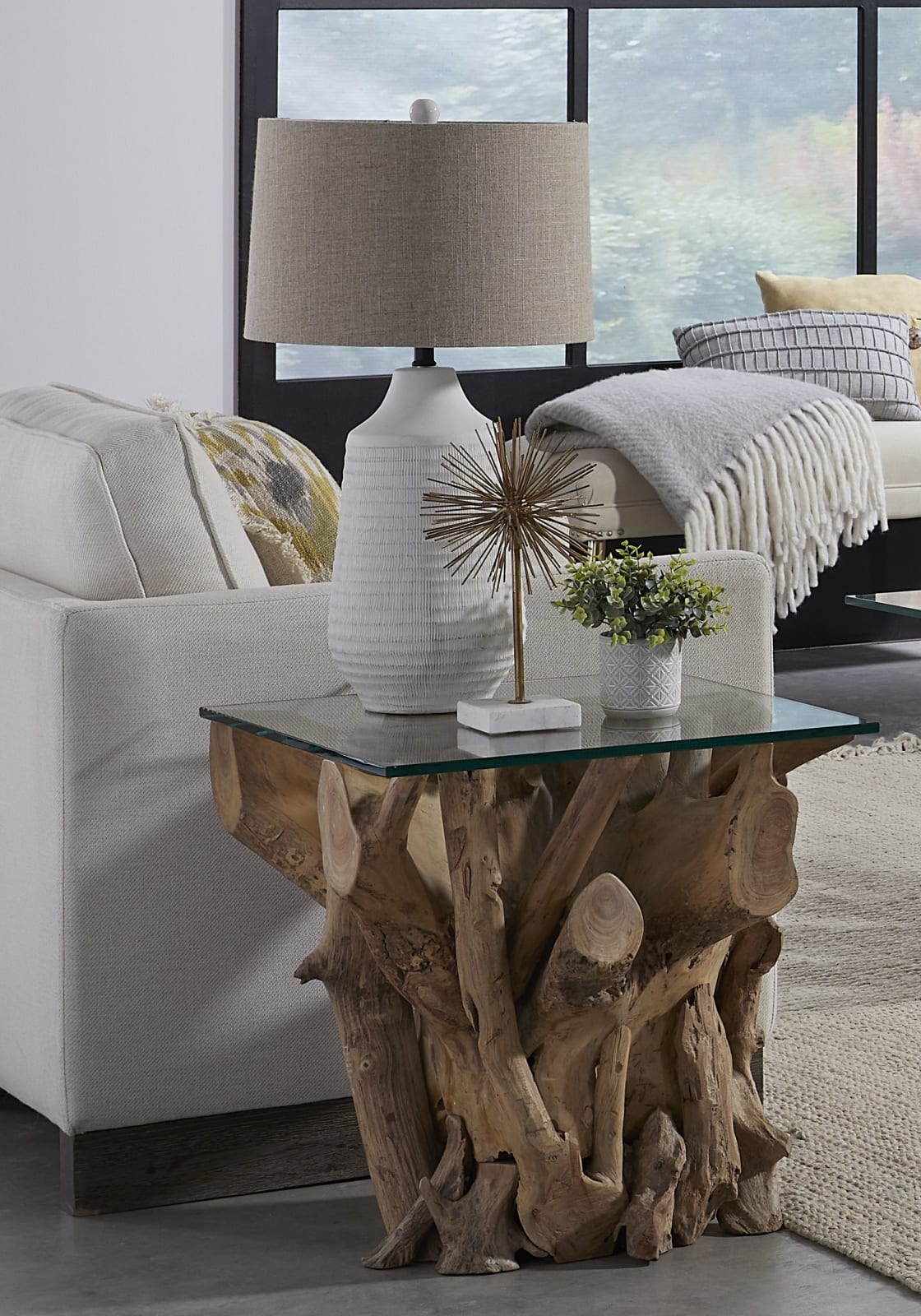 One Solid Teak Root Glass Top End Table