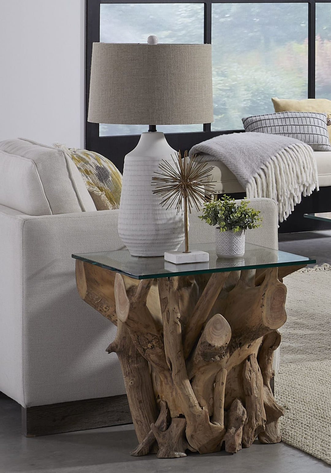 One Solid Teak Root Glass Top End Table