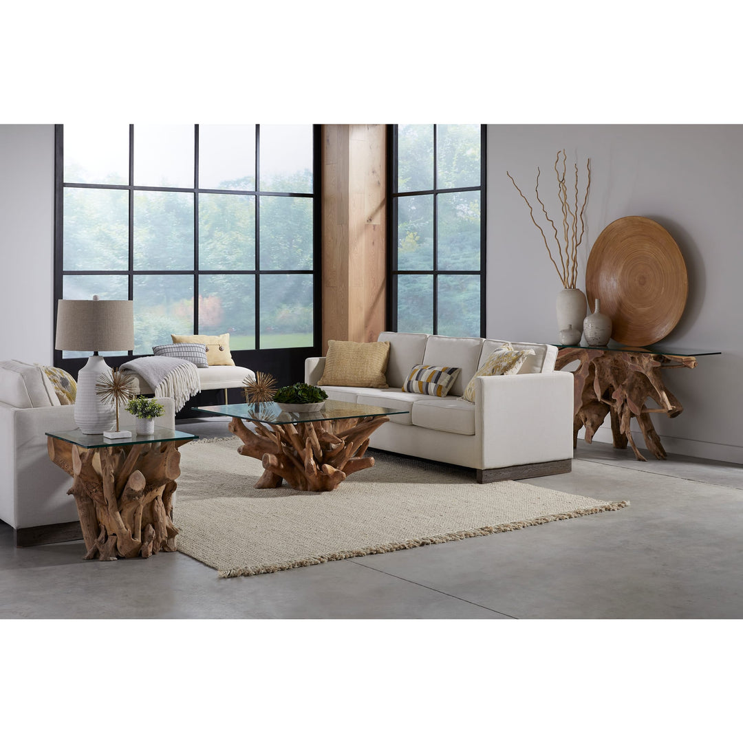 One Solid Teak Root Glass Top End Table