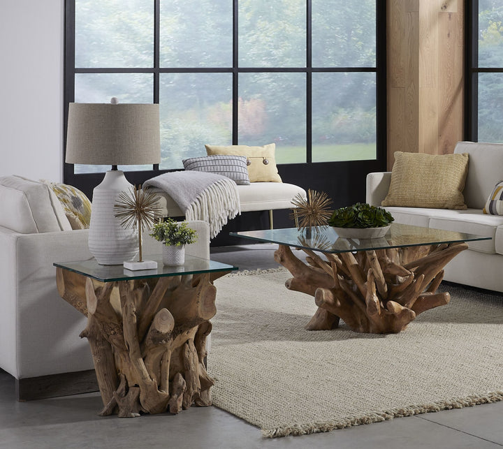 One Solid Teak Root Glass Top End Table – view 2