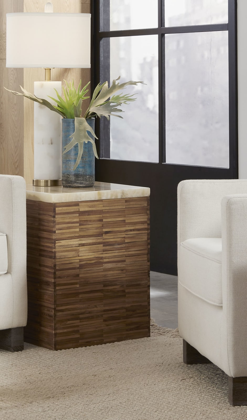 One Stone Wood Tile End Table in Onyx and Solid Teak