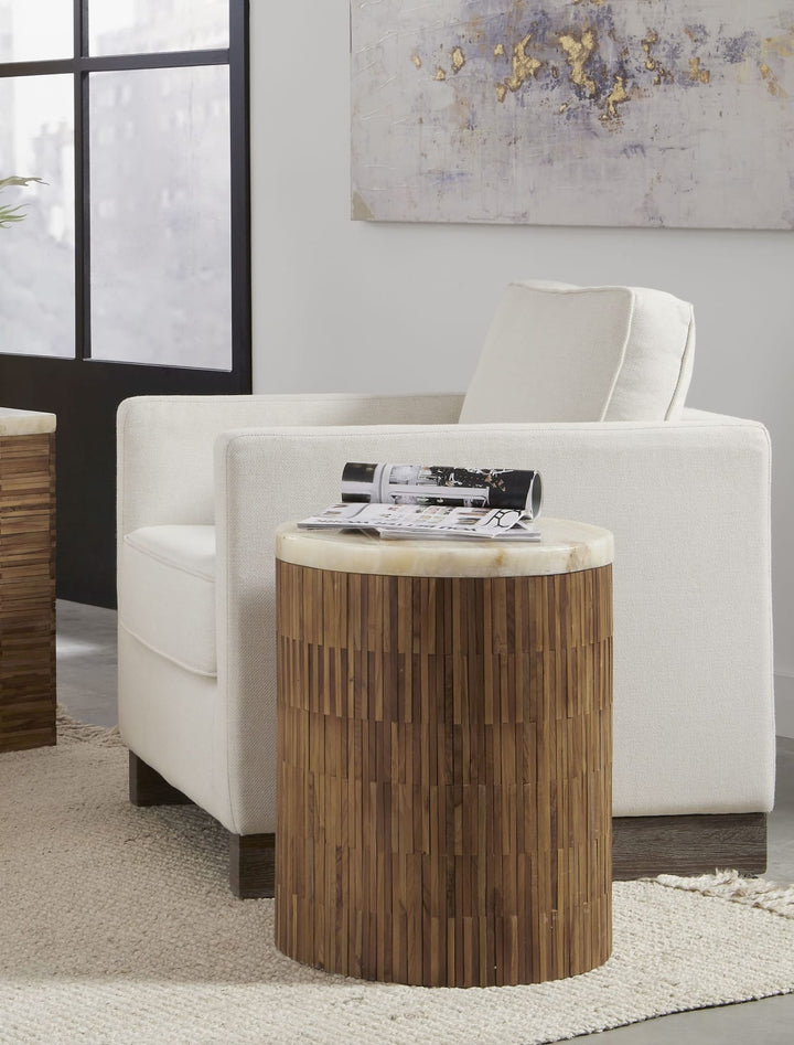 One Stone Wood Tile Round End Table in Onyx and Solid Teak