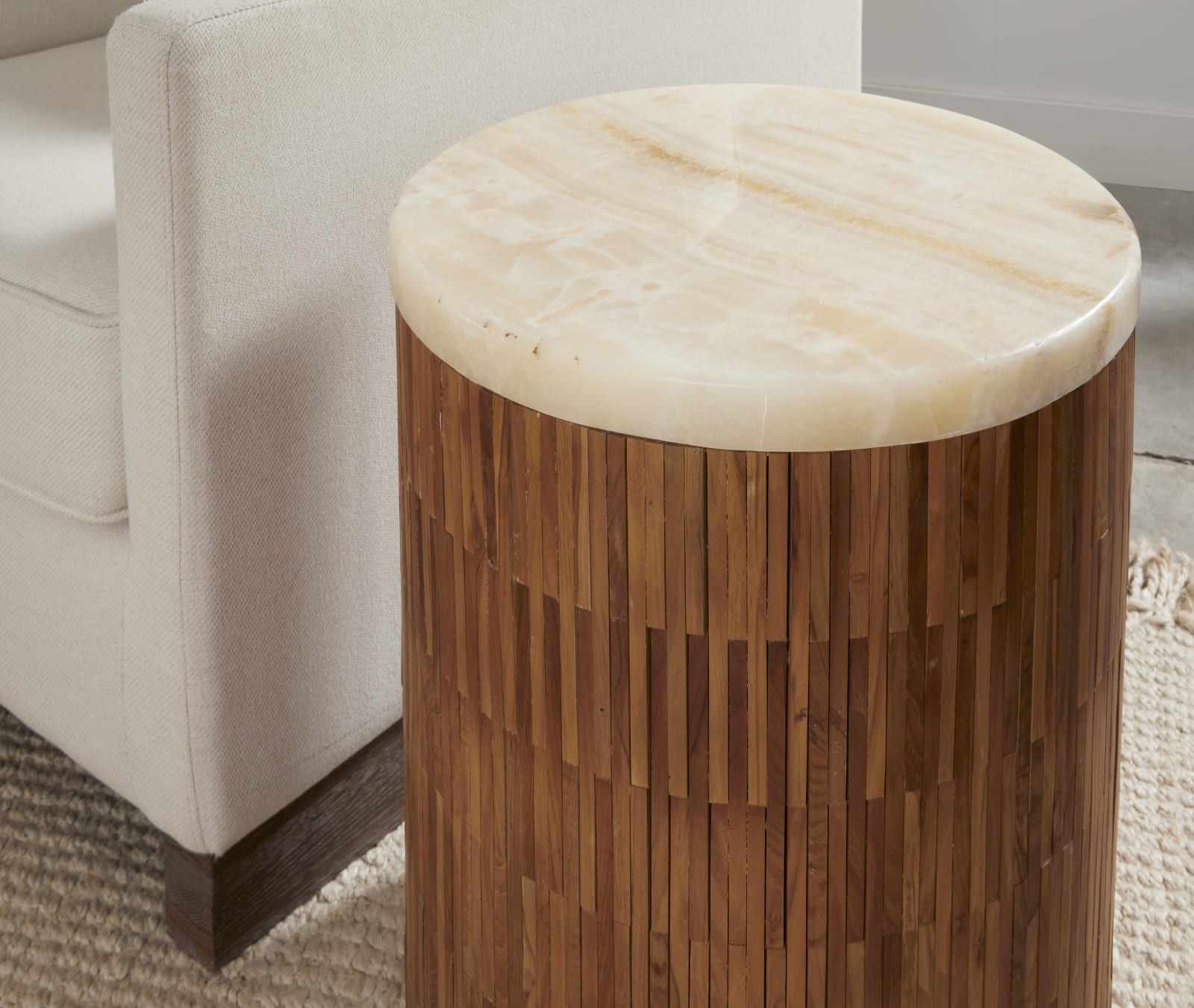One Stone Wood Tile Round End Table in Onyx and Solid Teak – view 2