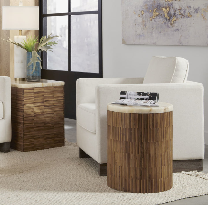 One Stone Wood Tile Round End Table in Onyx and Solid Teak – view 3