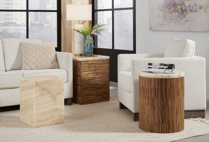 One Stone Wood Tile Round End Table in Onyx and Solid Teak – view 4
