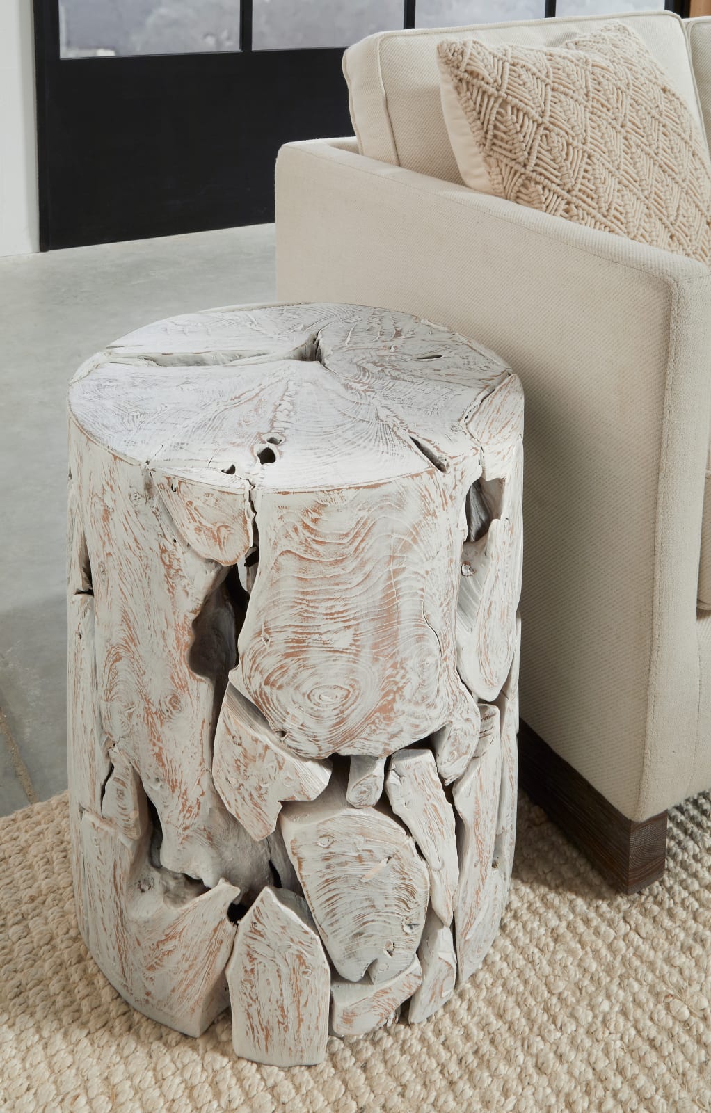 One Teak Slice Round End Table in Bleached Teak