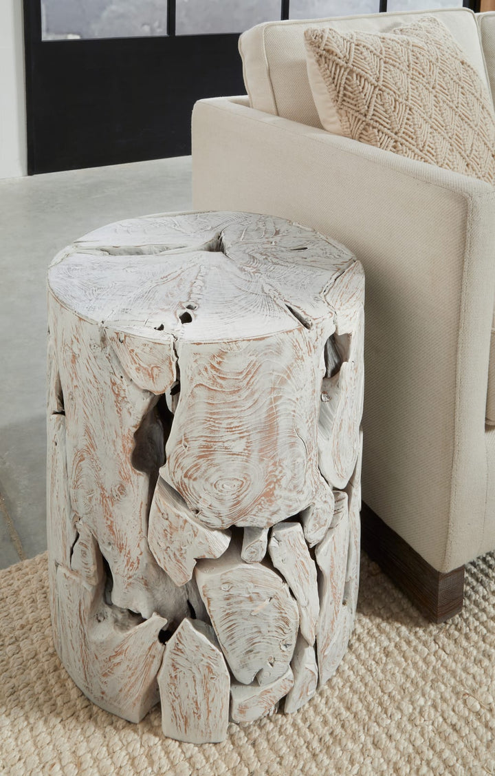 One Teak Slice Round End Table in Bleached Teak