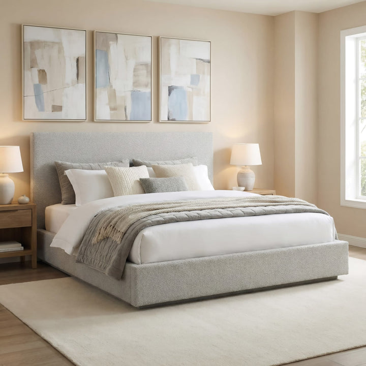 One Full-size Upholstered Platform Bed in Cotton Ball Boucle
