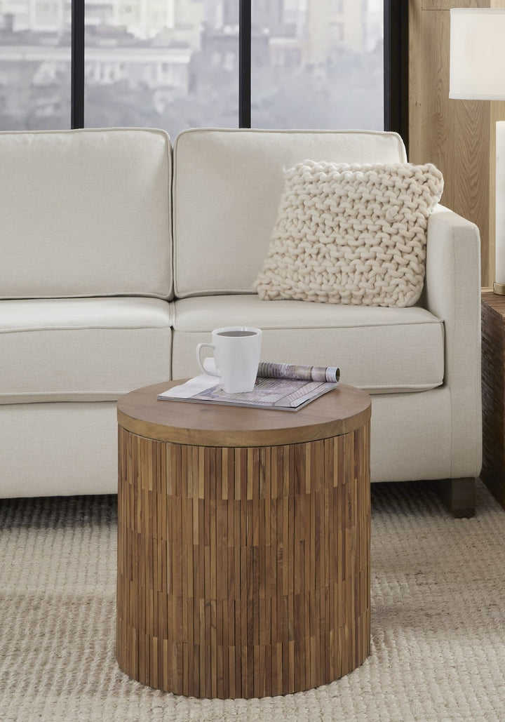 One Wood Tile Round End Table in Solid Teak