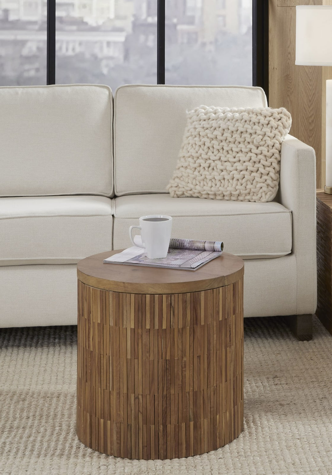 One Wood Tile Round End Table in Solid Teak