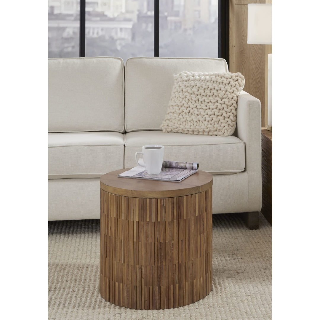 One Wood Tile Round End Table in Solid Teak