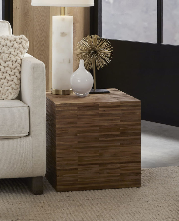 One Wood Tile Square End Table in Solid Teak