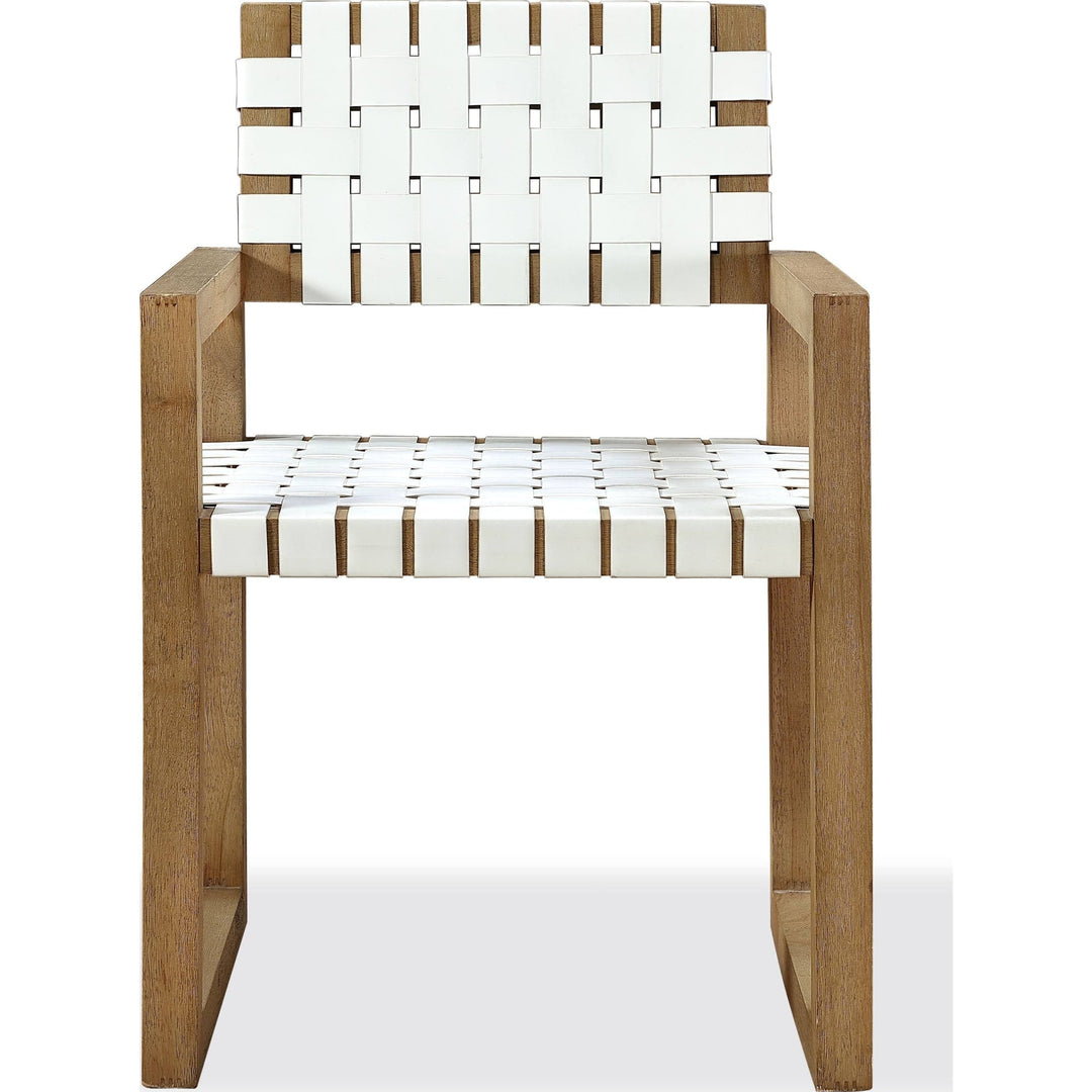 One Woven Leather and Solid Wood Dining Side Chair in White and Bisque 
