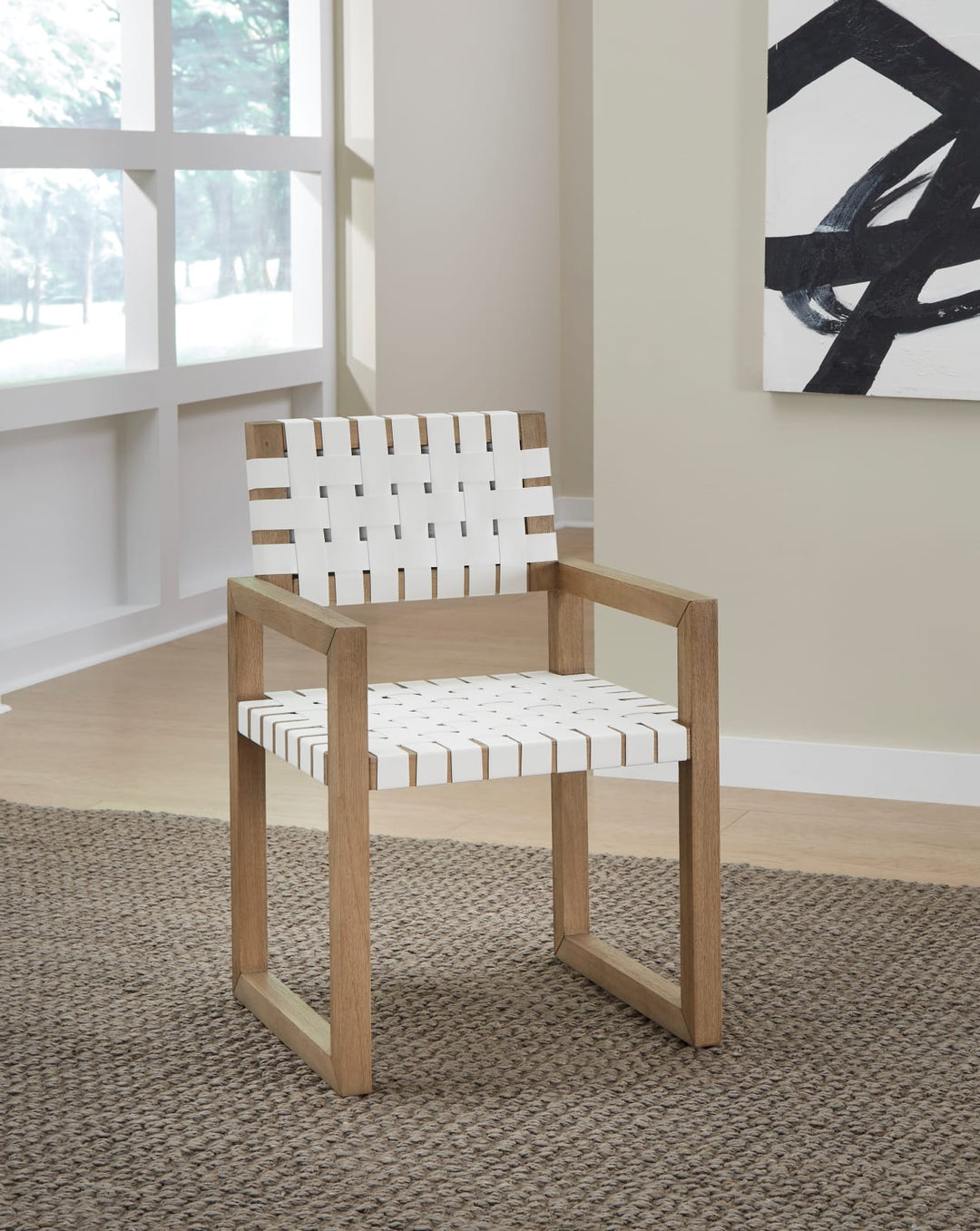 One Woven Leather and Solid Wood Dining Arm Chair in White and Bisque