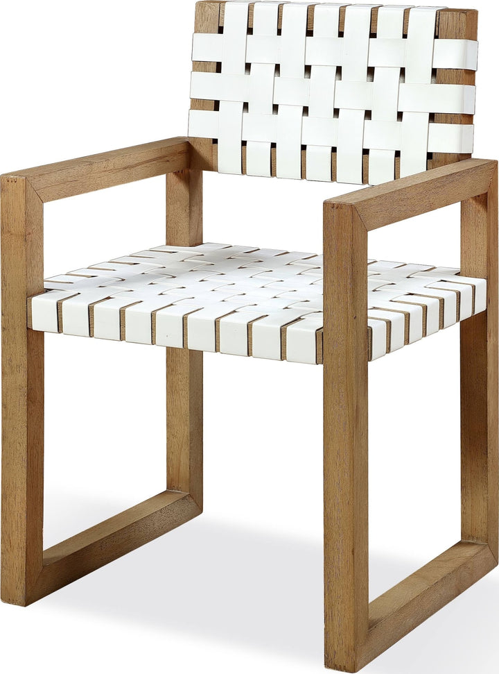 One Woven Leather and Solid Wood Dining Arm Chair in White and Bisque – view 3