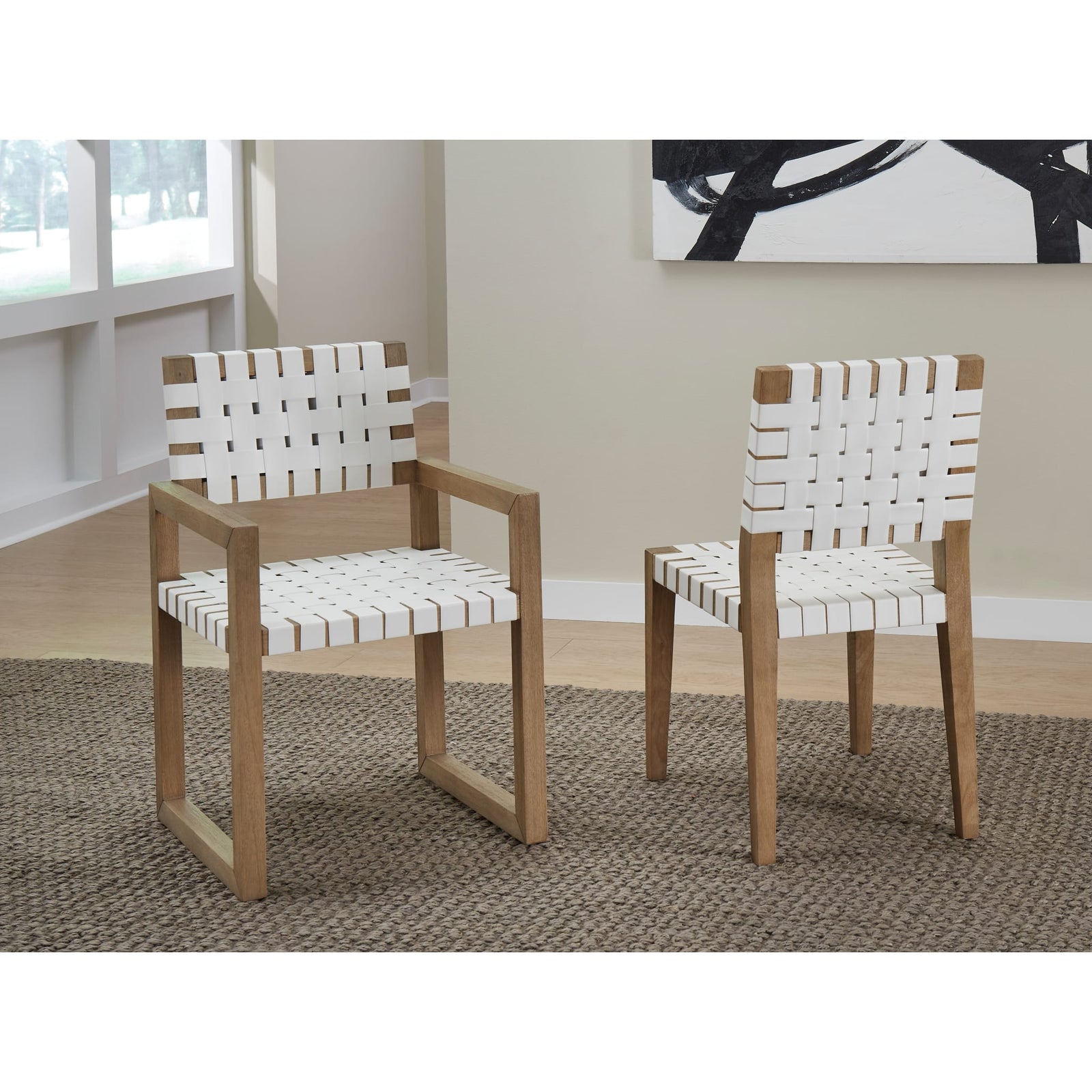 One Woven Leather and Solid Wood Dining Side Chair in White and Bisque 